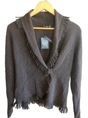 Magaschoni 100% Cashmere Wrap Sweater Brown Fringe Shawl Collar BNWT M
